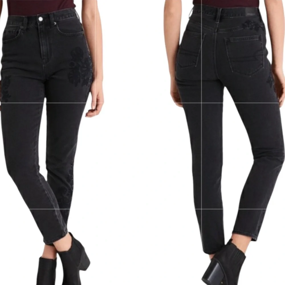 AEO Faded Black High Rise Ankle Mom Jean Size 00 Floral Rose Embroidery - Picture 5 of 12